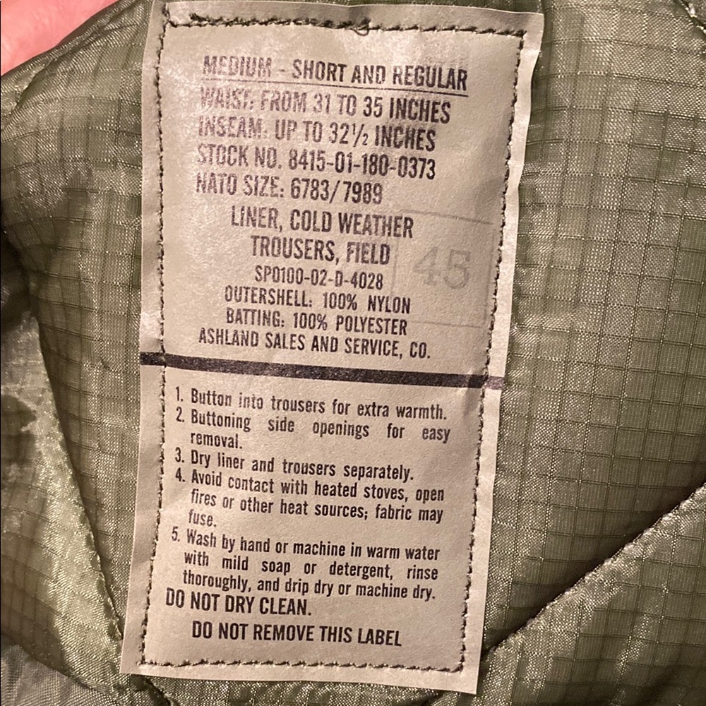🌞Olive Green Cold Weather Trousers Liner🌞 - Picture 2 of 3